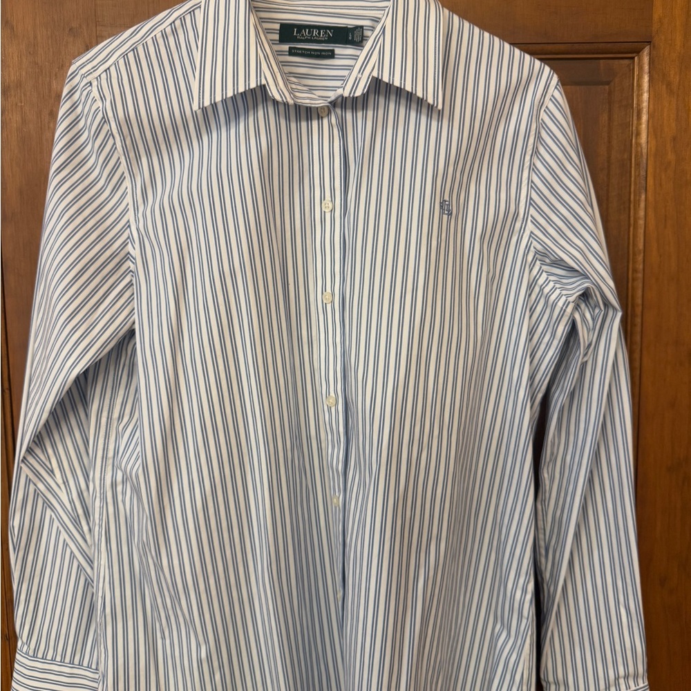 Lauren Ralph Lauren Men's Striped Dress Shirt - White and Blue, Large